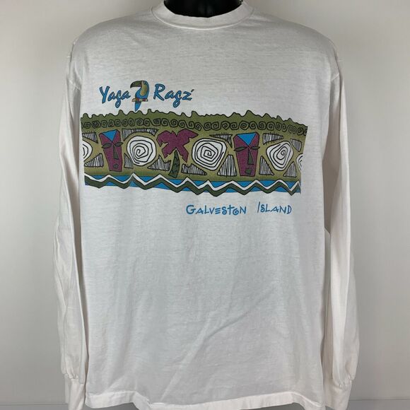 Vintage Yaga Ragz Galveston Island T Shirt Mens Large 80s Texas Jamaican White - Picture 2 of 6